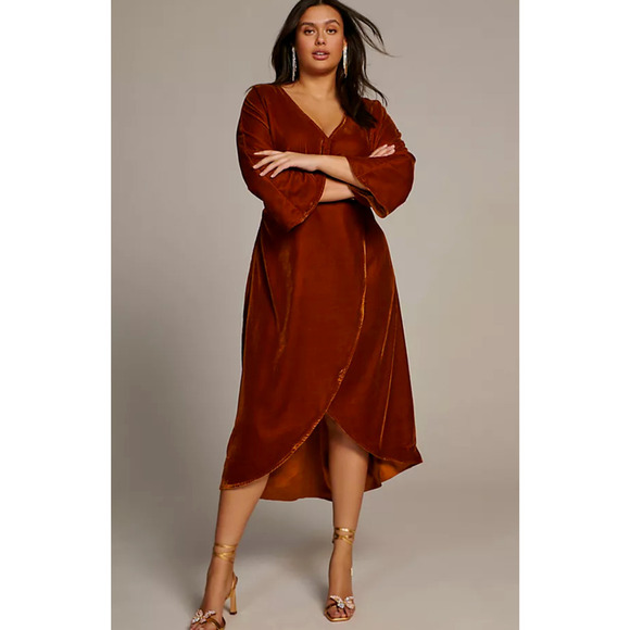 Let Me Be Anthropologie 2X Dress Velvet Midi Wrap Front Stretch Knit Brown NEW - Picture 1 of 9